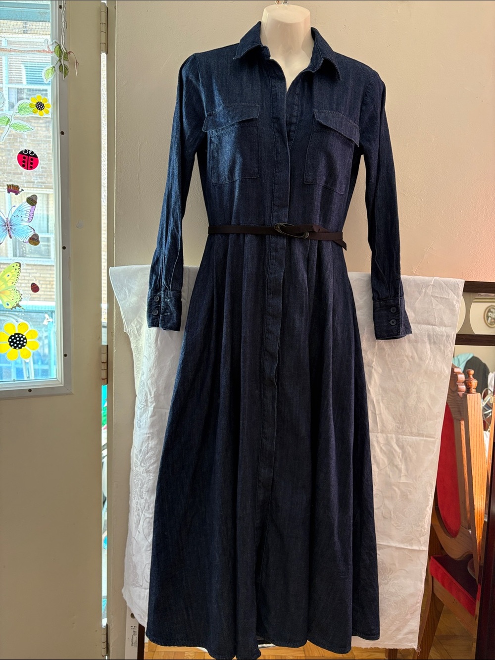 Zara Dark Navy Long-Sleeve Maxi Shirt Dress with Waist Belt. Cotton